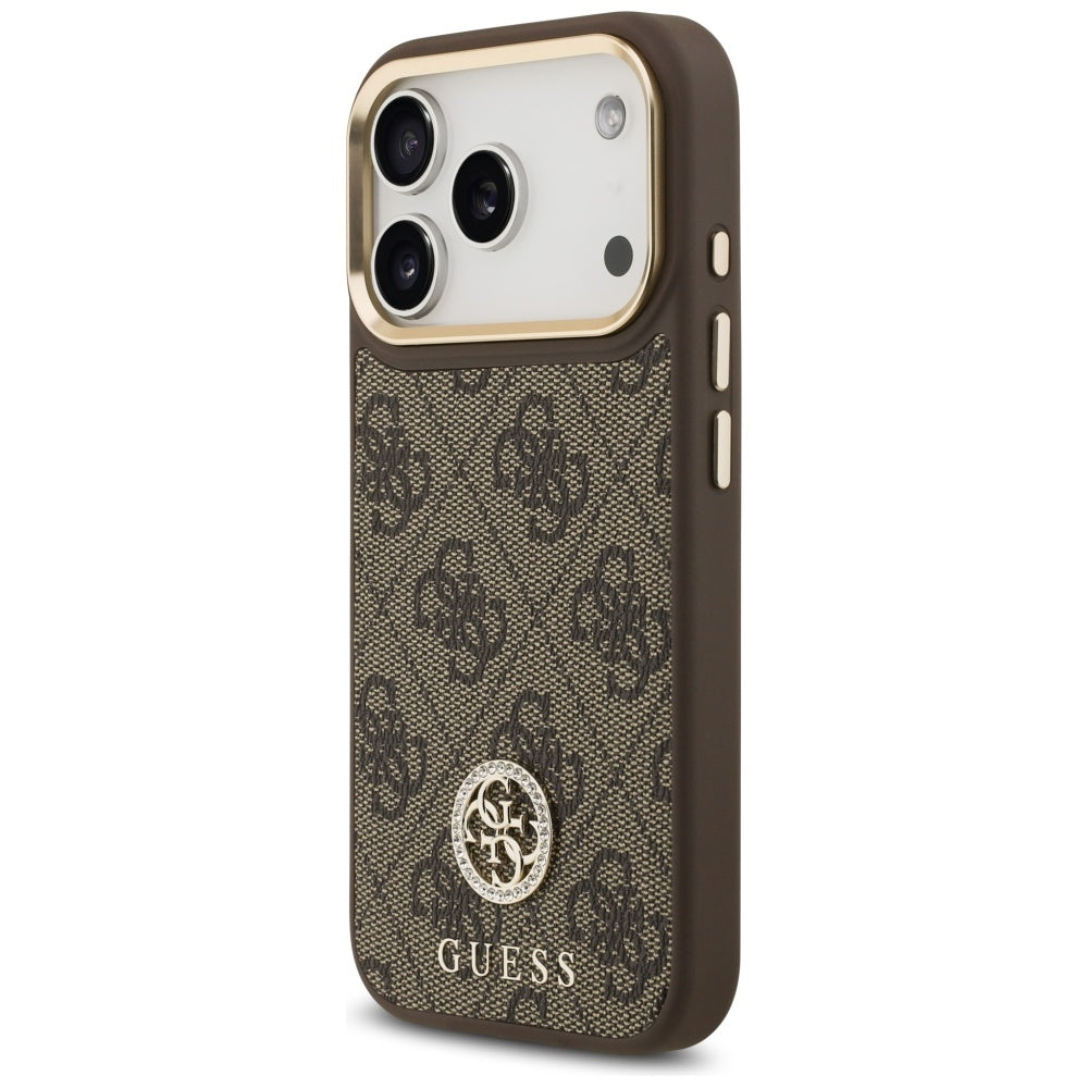 Custodia MagSafe per Apple iPhone 17 Pro, Guess, 4G Strass Logo con Cinturino Grande, Marrone