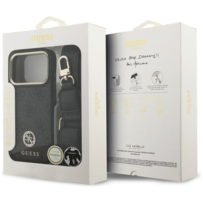 Custodia MagSafe per Apple iPhone 17 Pro, Guess, 4G Strass Logo con Cinturino Grande, Nera