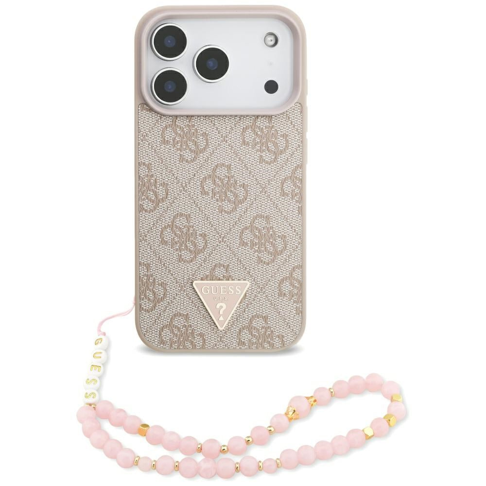 Custodia MagSafe per Apple iPhone 17 Pro, Guess, Logo Triangolo 4G con Cinturino di Perle, Rosa