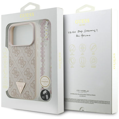 Custodia MagSafe per Apple iPhone 17 Pro, Guess, Logo Triangolo 4G con Cinturino di Perle, Rosa