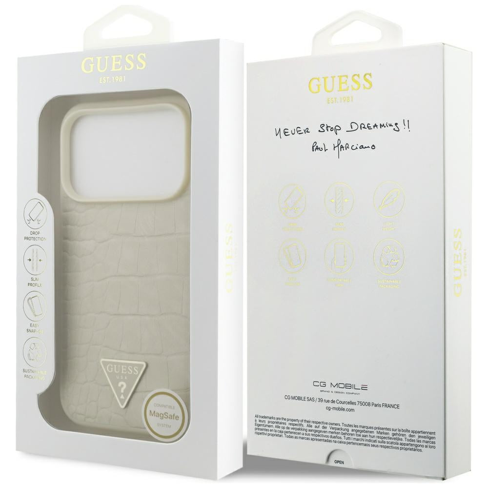 Custodia MagSafe per Apple iPhone 17 Pro, Guess, Logo Triangolo Croco, Dorata