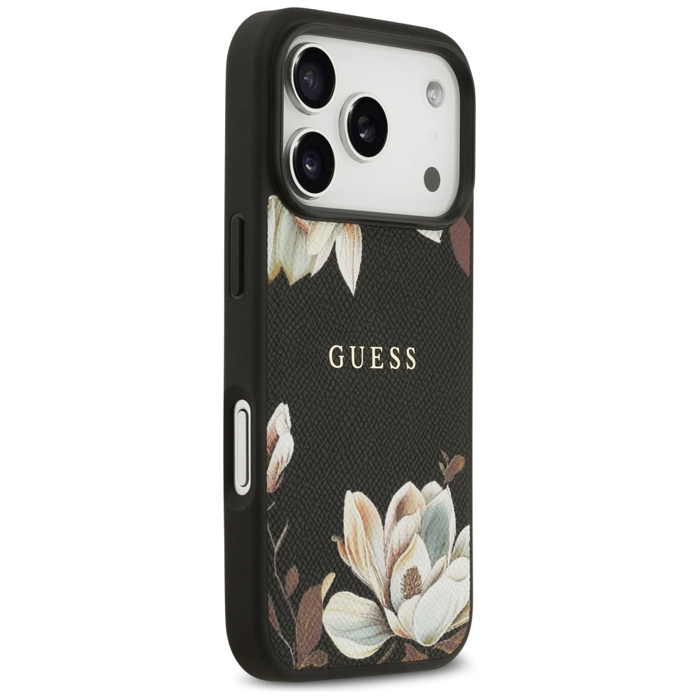 Custodia MagSafe per Apple iPhone 17 Pro, Guess, Grained Flowers, Nera