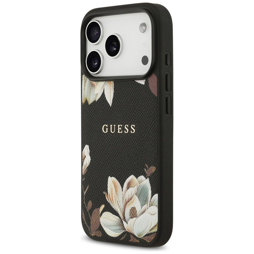Custodia MagSafe per Apple iPhone 17 Pro, Guess, Grained Flowers, Nera