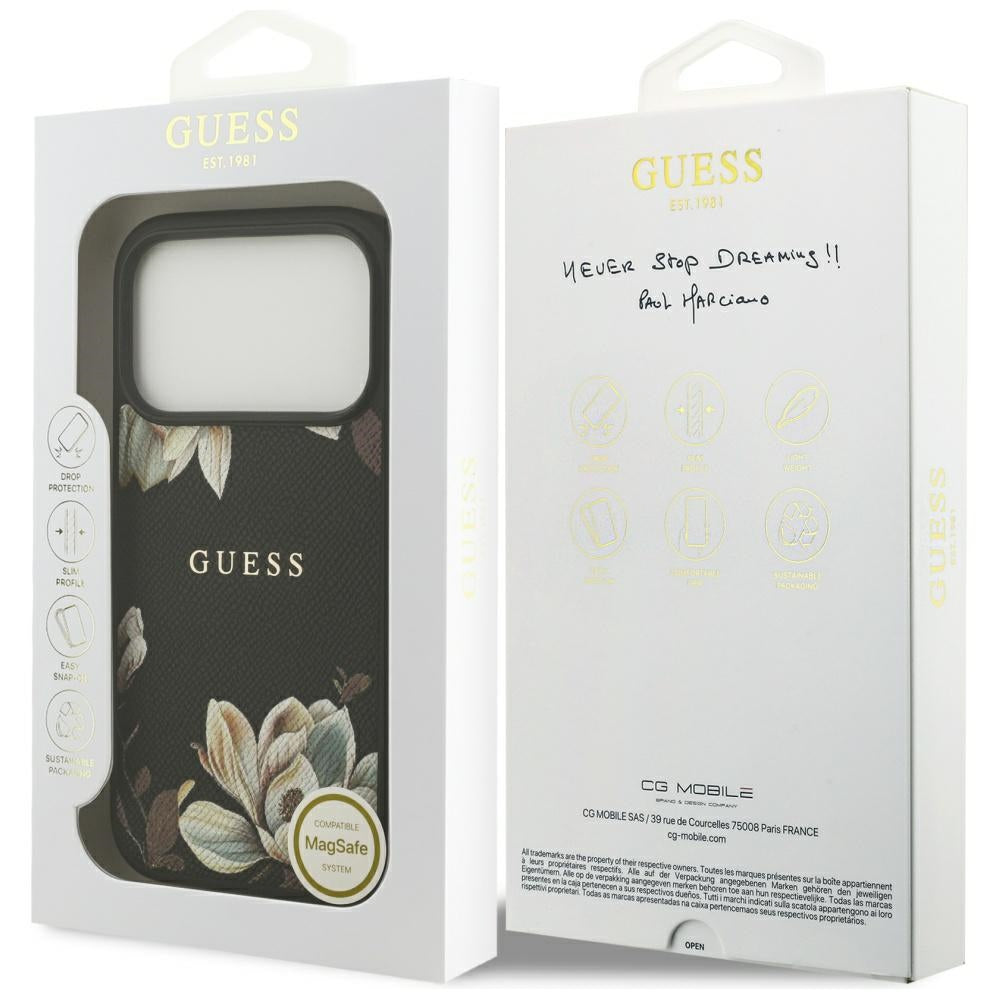Custodia MagSafe per Apple iPhone 17 Pro, Guess, Grained Flowers, Nera