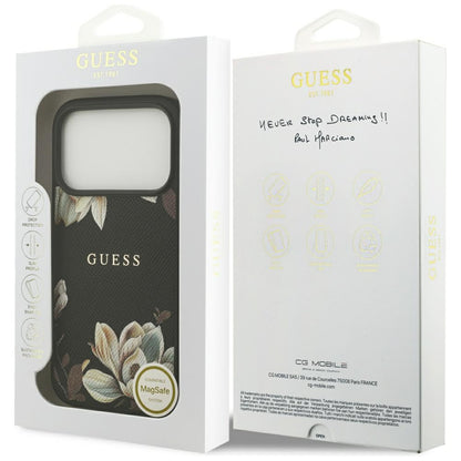 Custodia MagSafe per Apple iPhone 17 Pro, Guess, Grained Flowers, Nera