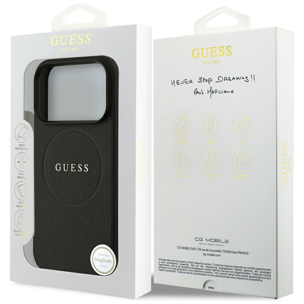 Custodia MagSafe per Apple iPhone 17 Pro, Guess, Grained Gold Ring, Nera