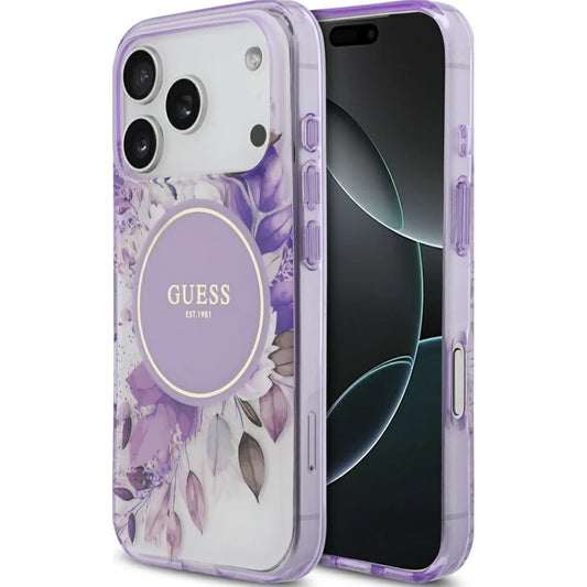 Custodia MagSafe per Apple iPhone 17 Pro, Guess, IML Flower & Tonal Circle, Viola
