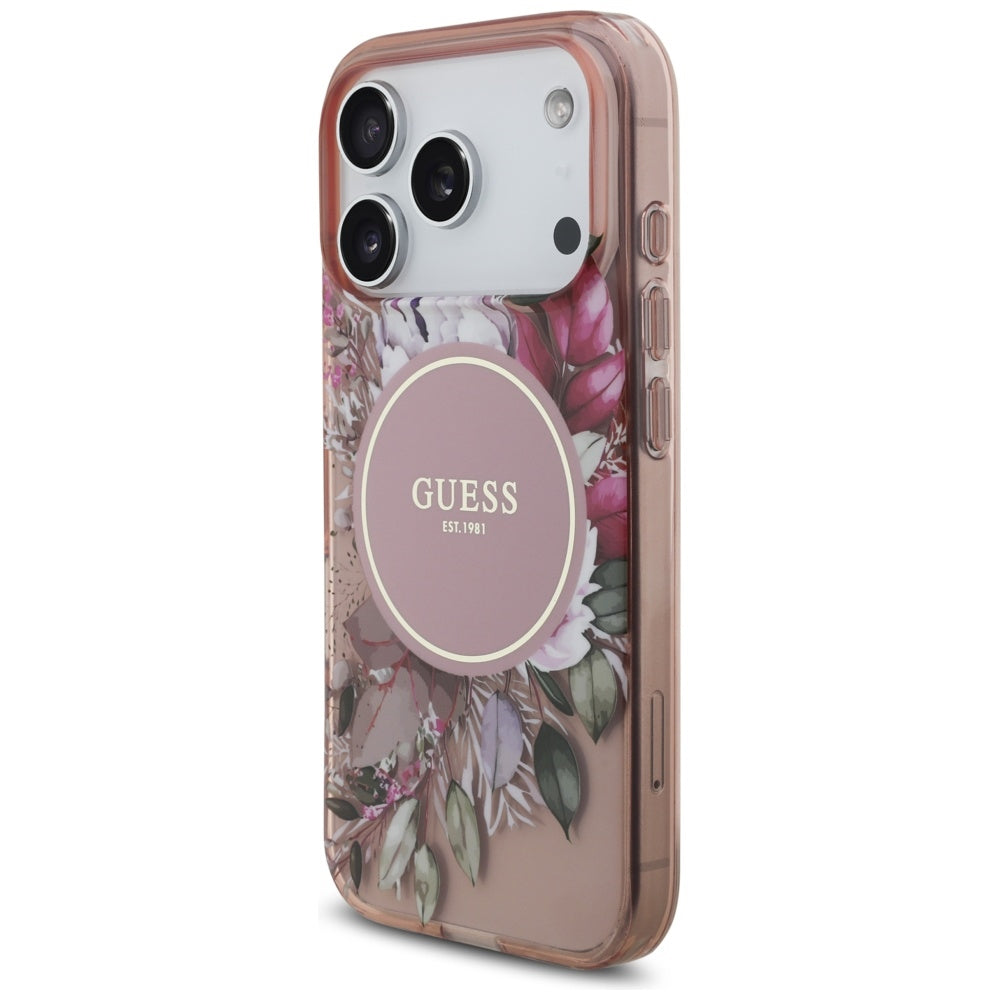 Custodia MagSafe per Apple iPhone 17 Pro, Guess, IML Flowers with Pearl Strap, Rosa