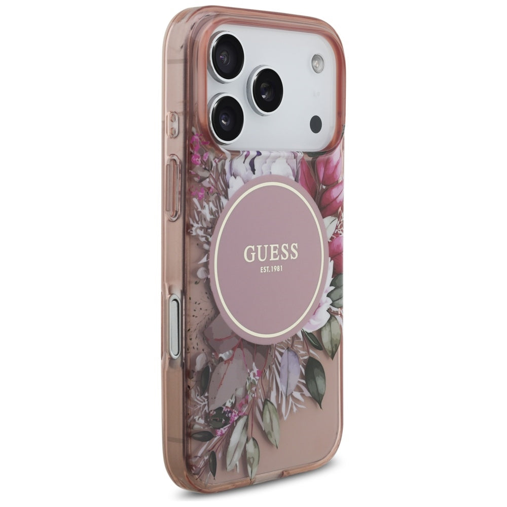 Custodia MagSafe per Apple iPhone 17 Pro, Guess, IML Flowers with Pearl Strap, Rosa