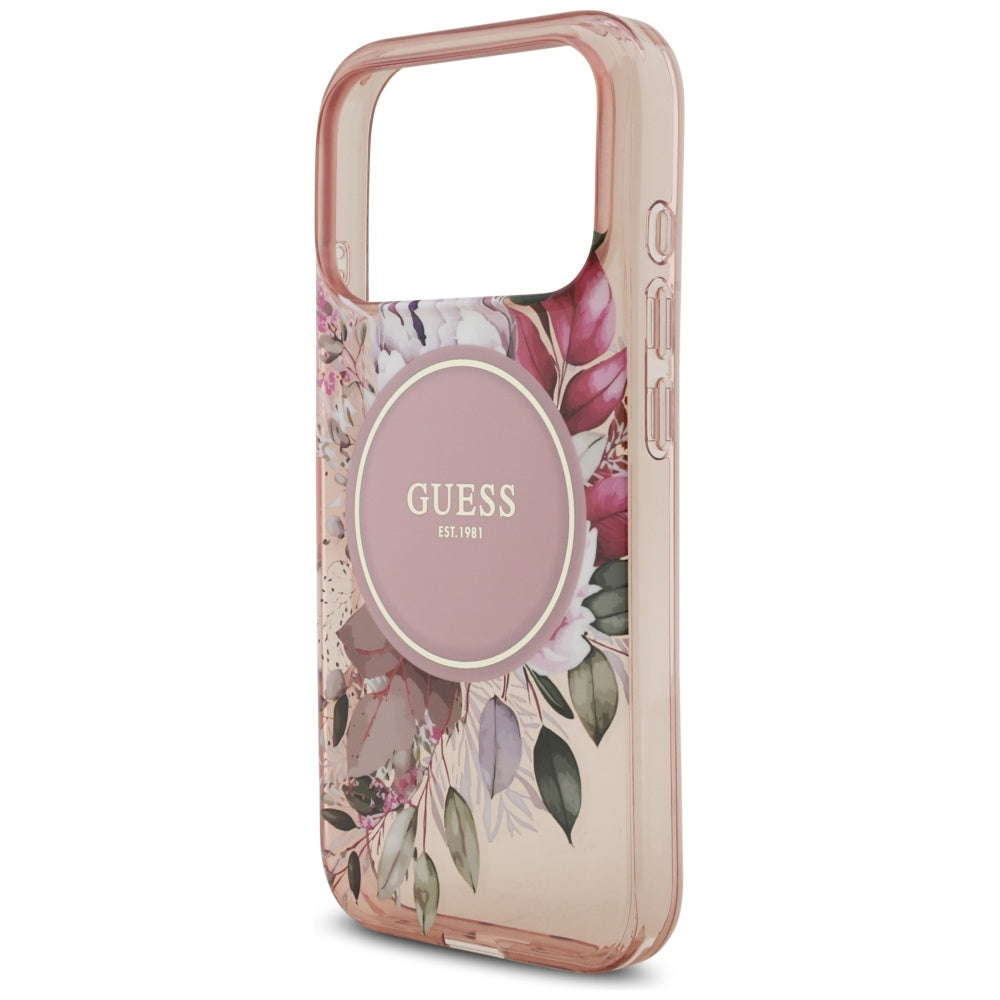 Custodia MagSafe per Apple iPhone 17 Pro, Guess, IML Flowers with Pearl Strap, Rosa