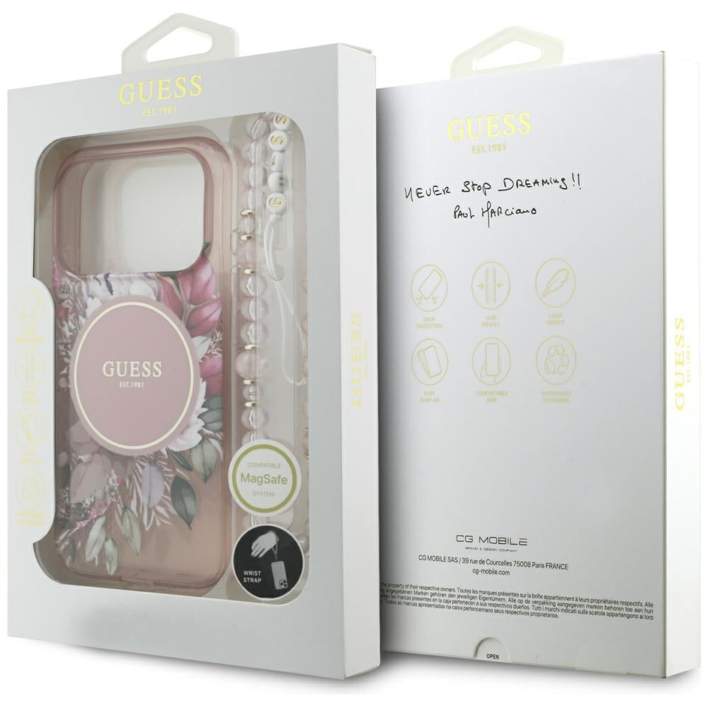 Custodia MagSafe per Apple iPhone 17 Pro, Guess, IML Flowers with Pearl Strap, Rosa