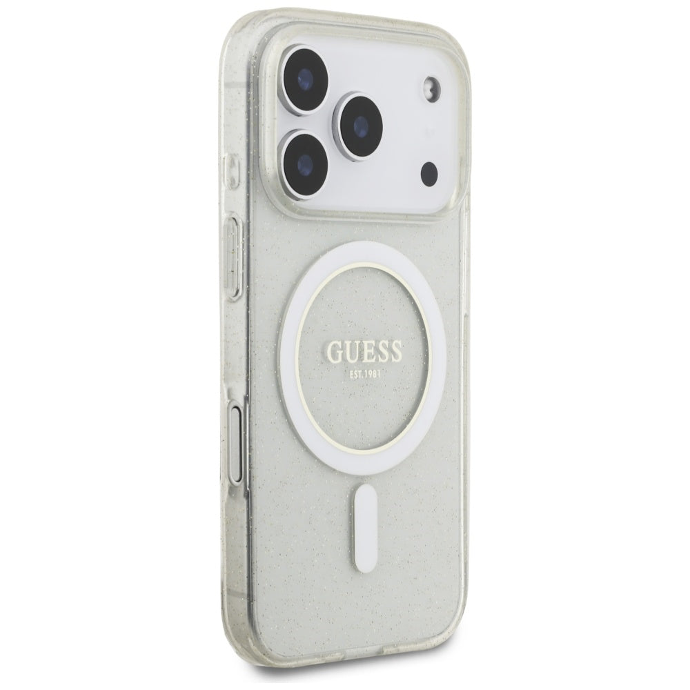 Custodia MagSafe per Apple iPhone 17 Pro, Guess, IML Glitter con Cinturino di Perle, Trasparente