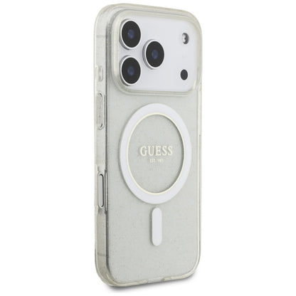 Custodia MagSafe per Apple iPhone 17 Pro, Guess, IML Glitter con Cinturino di Perle, Trasparente