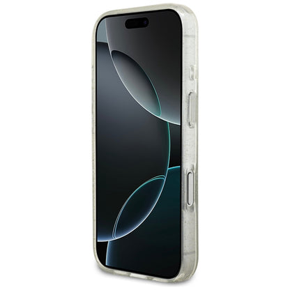 Custodia MagSafe per Apple iPhone 17 Pro, Guess, IML Glitter con Cinturino di Perle, Trasparente