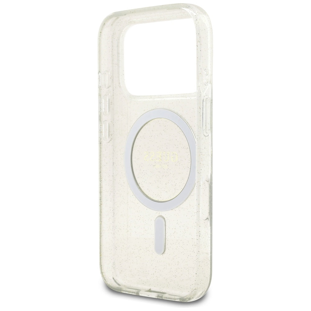 Custodia MagSafe per Apple iPhone 17 Pro, Guess, IML Glitter con Cinturino di Perle, Trasparente