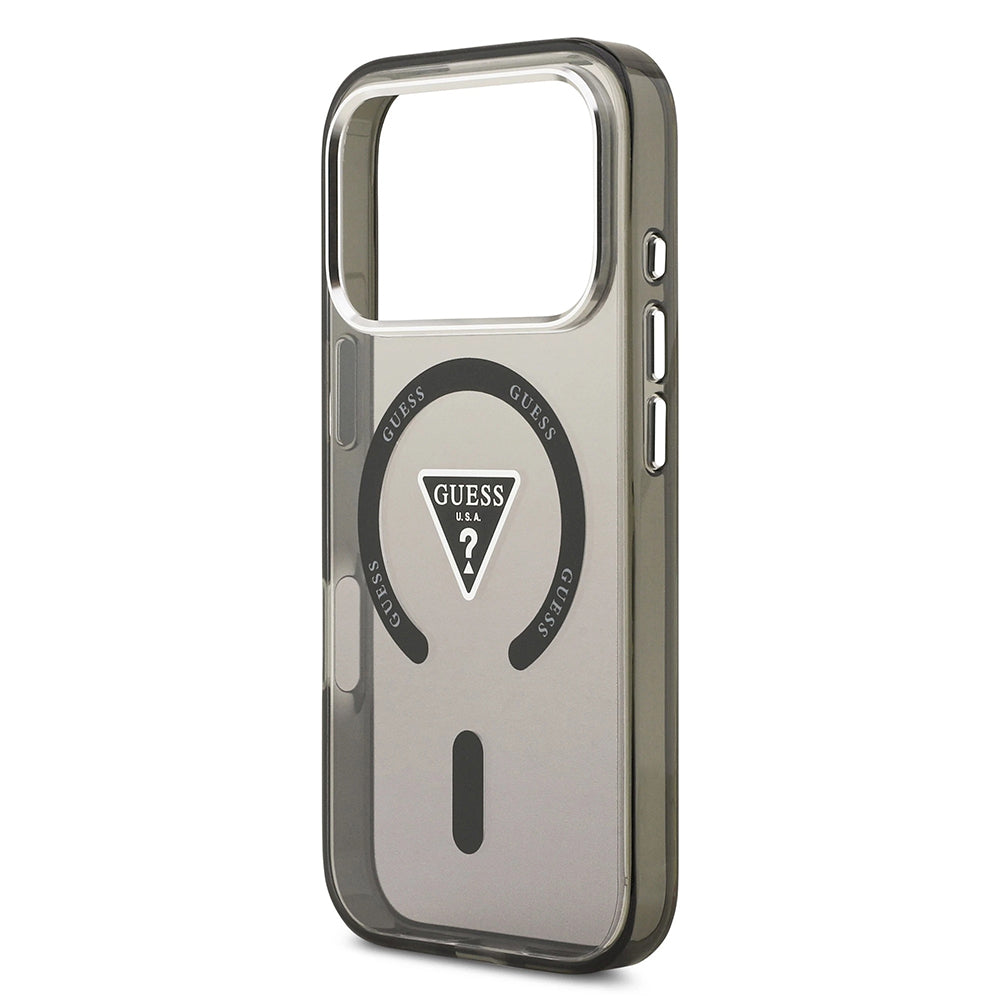Custodia MagSafe per Apple iPhone 17 Pro, Guess, Logo Triangolo Gradiente IML, Nero Argento