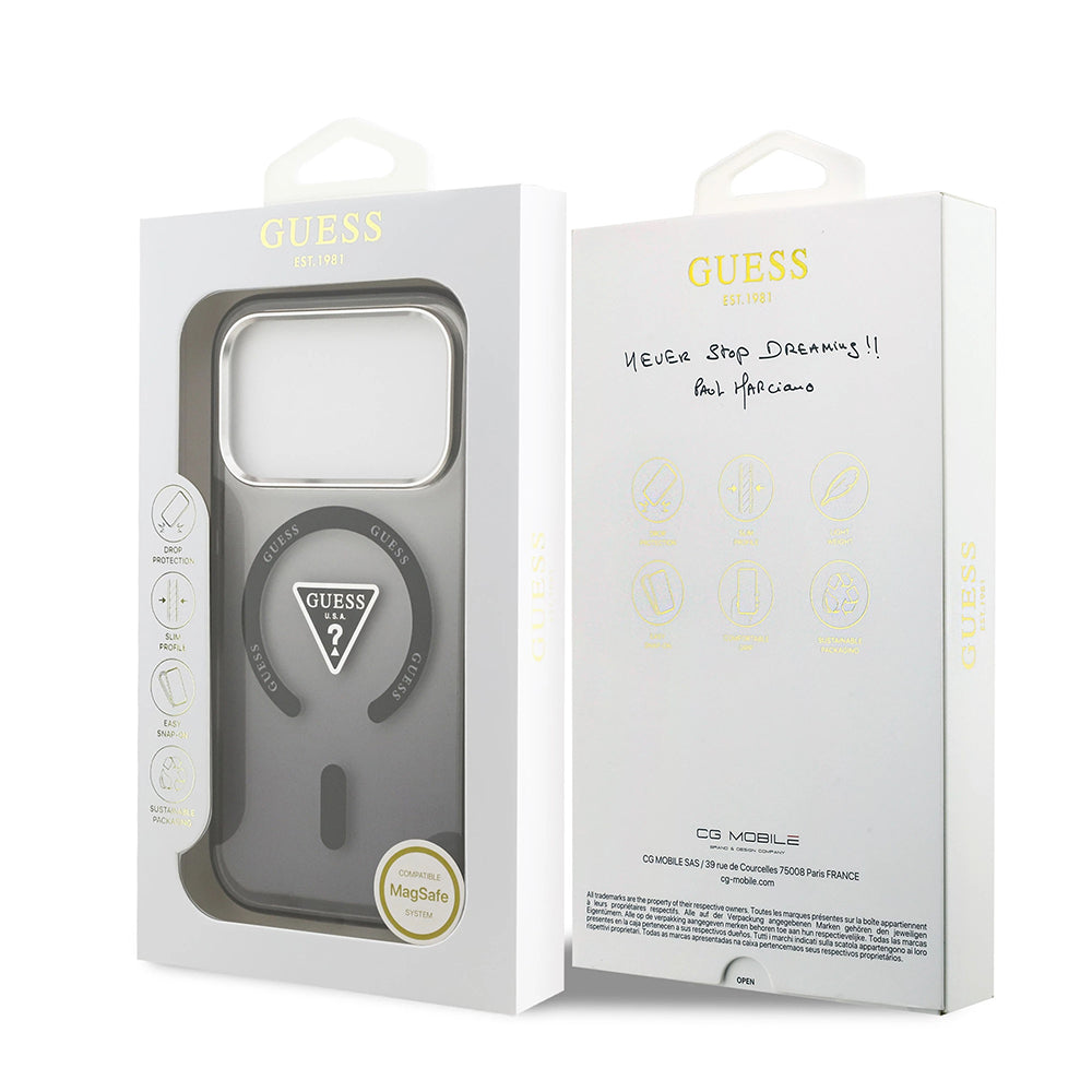 Custodia MagSafe per Apple iPhone 17 Pro, Guess, Logo Triangolo Gradiente IML, Nero Argento