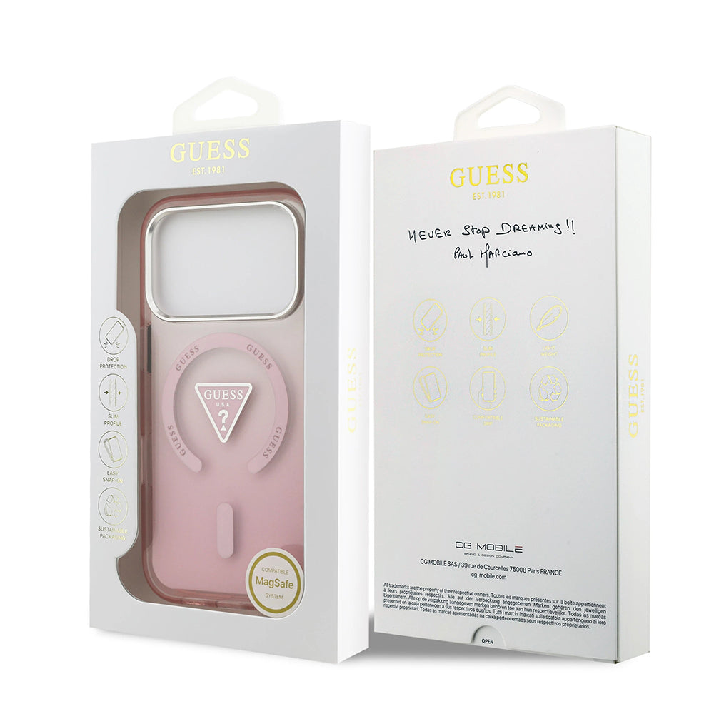 Custodia MagSafe per Apple iPhone 17 Pro, Guess, Logo Triangolo Gradiente IML, Rosa