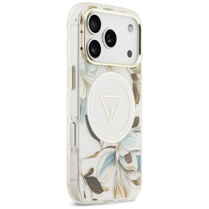 Custodia MagSafe per Apple iPhone 17 Pro, Guess, IML Metal Glitter Flowers Triangle, Bianca