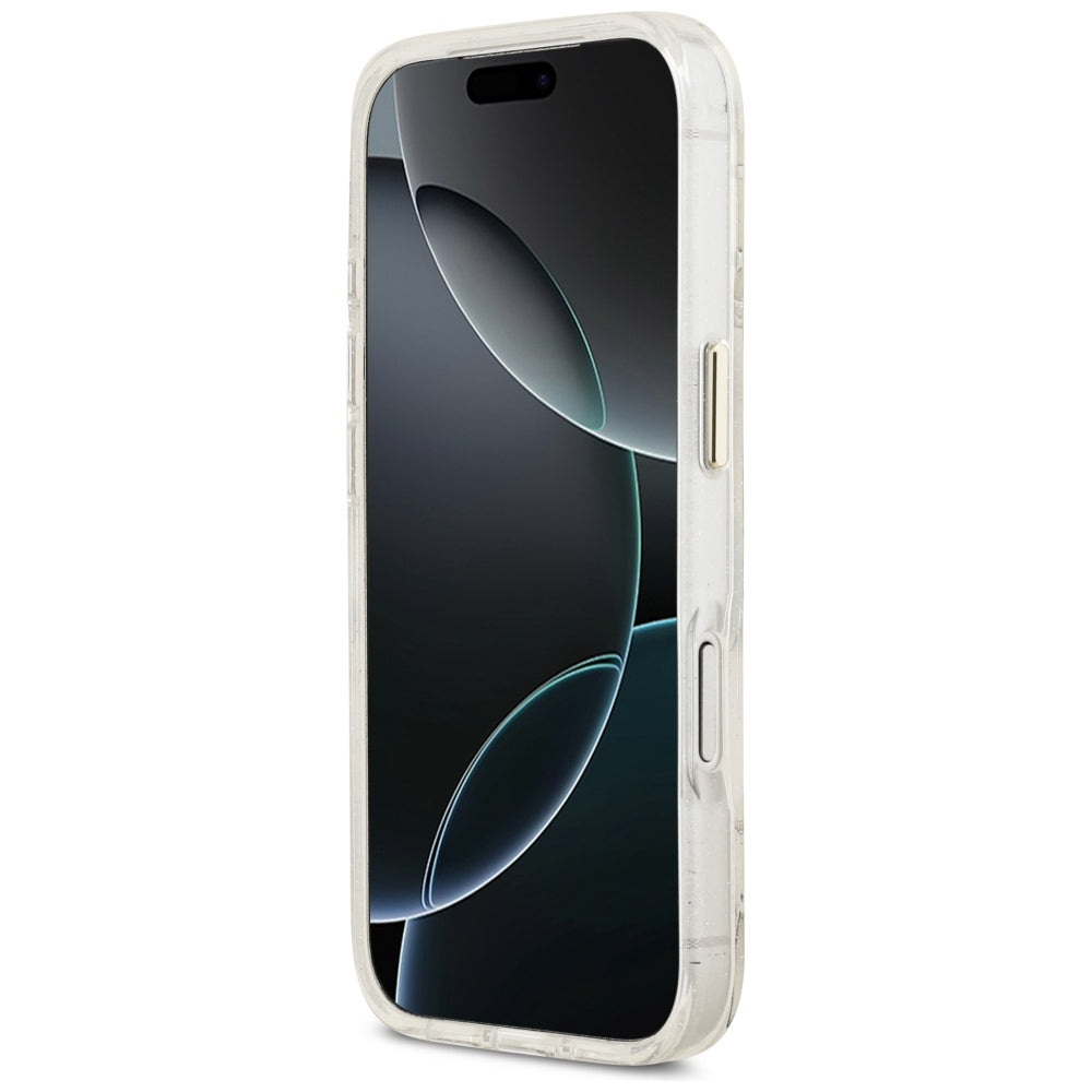 Custodia MagSafe per Apple iPhone 17 Pro, Guess, IML Metal Glitter Flowers Triangle, Bianca