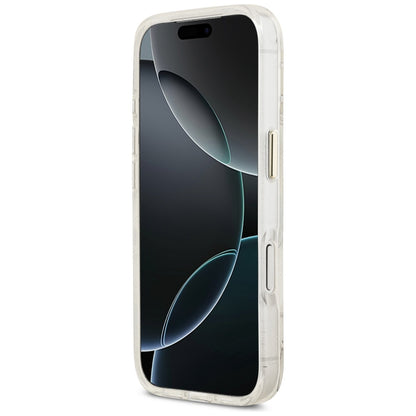 Custodia MagSafe per Apple iPhone 17 Pro, Guess, IML Metal Glitter Flowers Triangle, Bianca