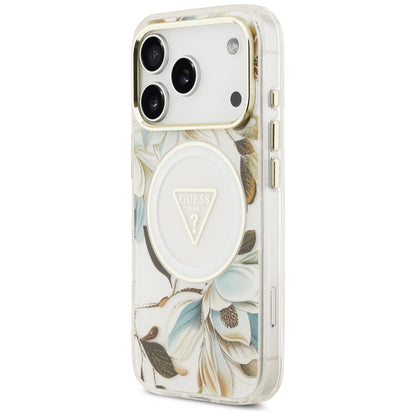 Custodia MagSafe per Apple iPhone 17 Pro, Guess, IML Metal Glitter Flowers Triangle, Bianca
