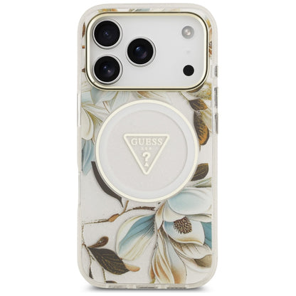Custodia MagSafe per Apple iPhone 17 Pro, Guess, IML Metal Glitter Flowers Triangle, Bianca