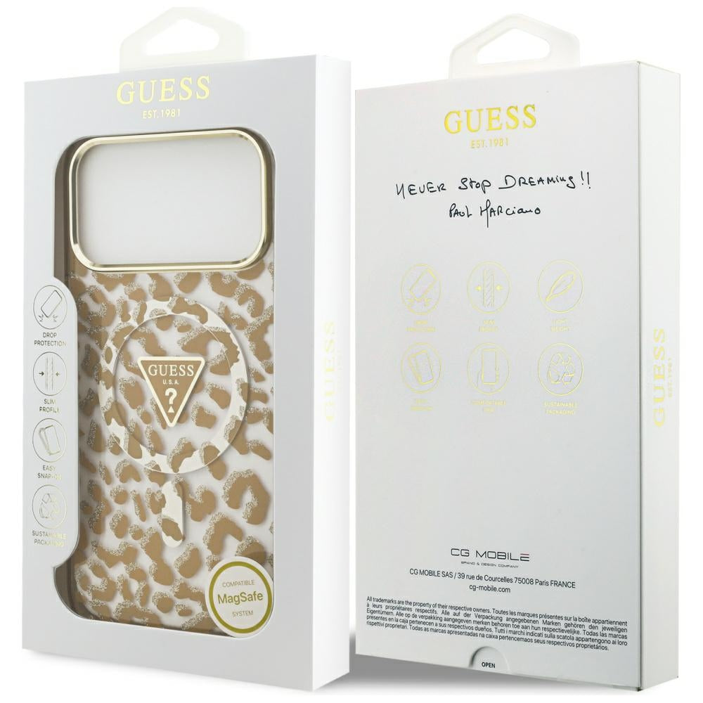 Custodia MagSafe per Apple iPhone 17 Pro, Guess, Leopard Glitter, Marrone