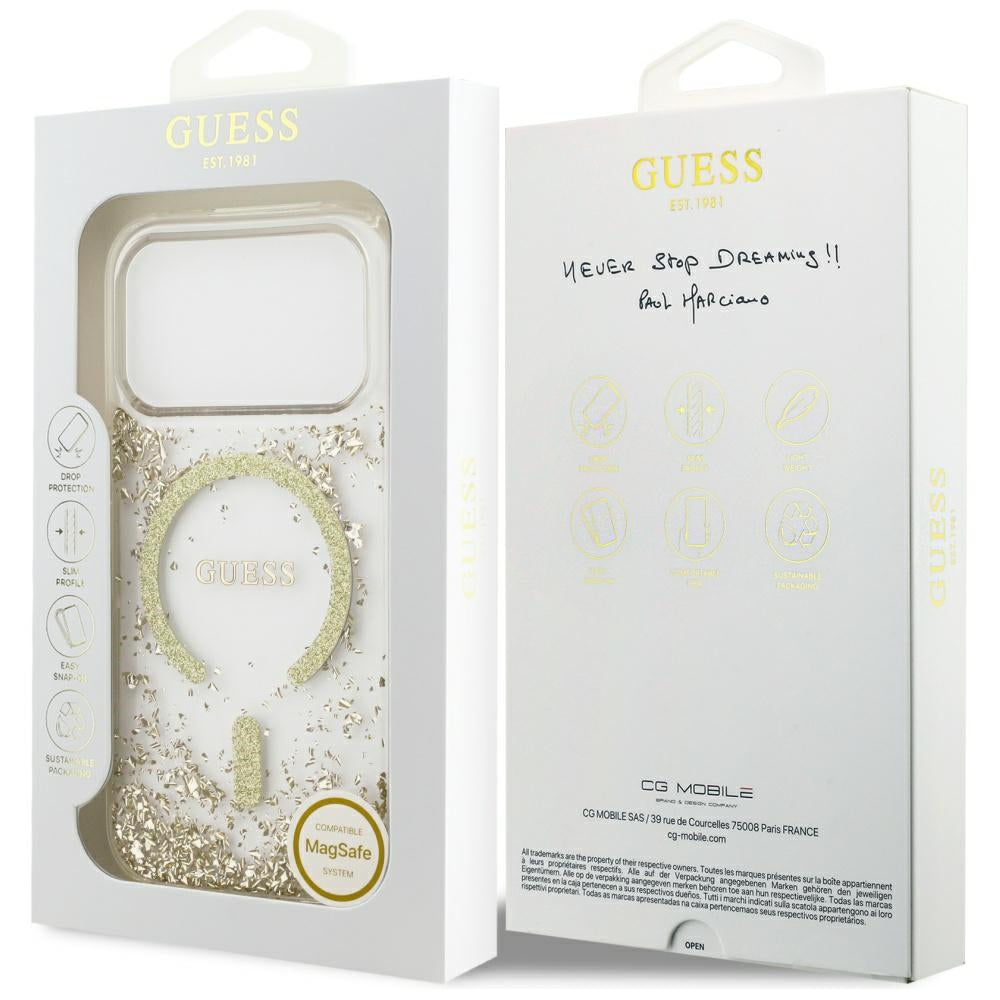 Custodia MagSafe per Apple iPhone 17 Pro, Guess, Resin Bottom Glitter, Dorata