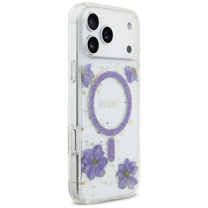 Custodia MagSafe per Apple iPhone 17 Pro, Guess, Resin Flowers and Glitter, Viola