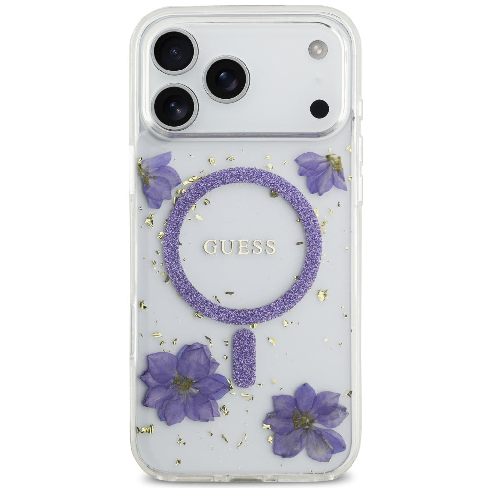 Custodia MagSafe per Apple iPhone 17 Pro, Guess, Resin Flowers and Glitter, Viola