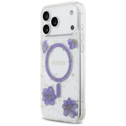 Custodia MagSafe per Apple iPhone 17 Pro, Guess, Resin Flowers and Glitter, Viola