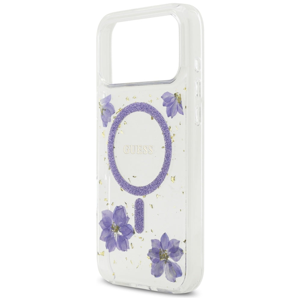 Custodia MagSafe per Apple iPhone 17 Pro, Guess, Resin Flowers and Glitter, Viola