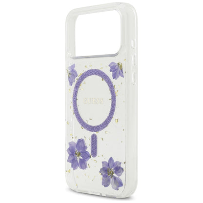 Custodia MagSafe per Apple iPhone 17 Pro, Guess, Resin Flowers and Glitter, Viola