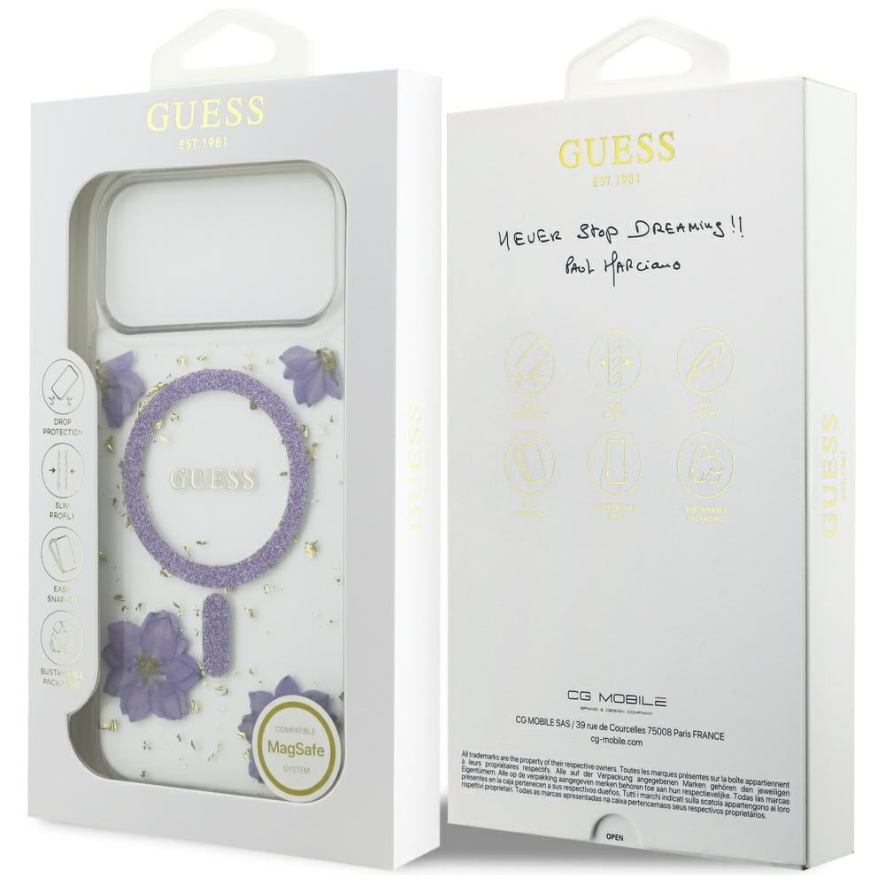Custodia MagSafe per Apple iPhone 17 Pro, Guess, Resin Flowers and Glitter, Viola