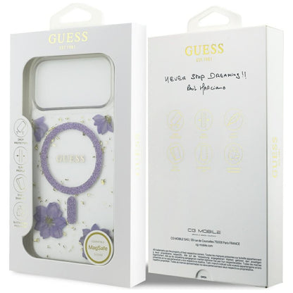 Custodia MagSafe per Apple iPhone 17 Pro, Guess, Resin Flowers and Glitter, Viola