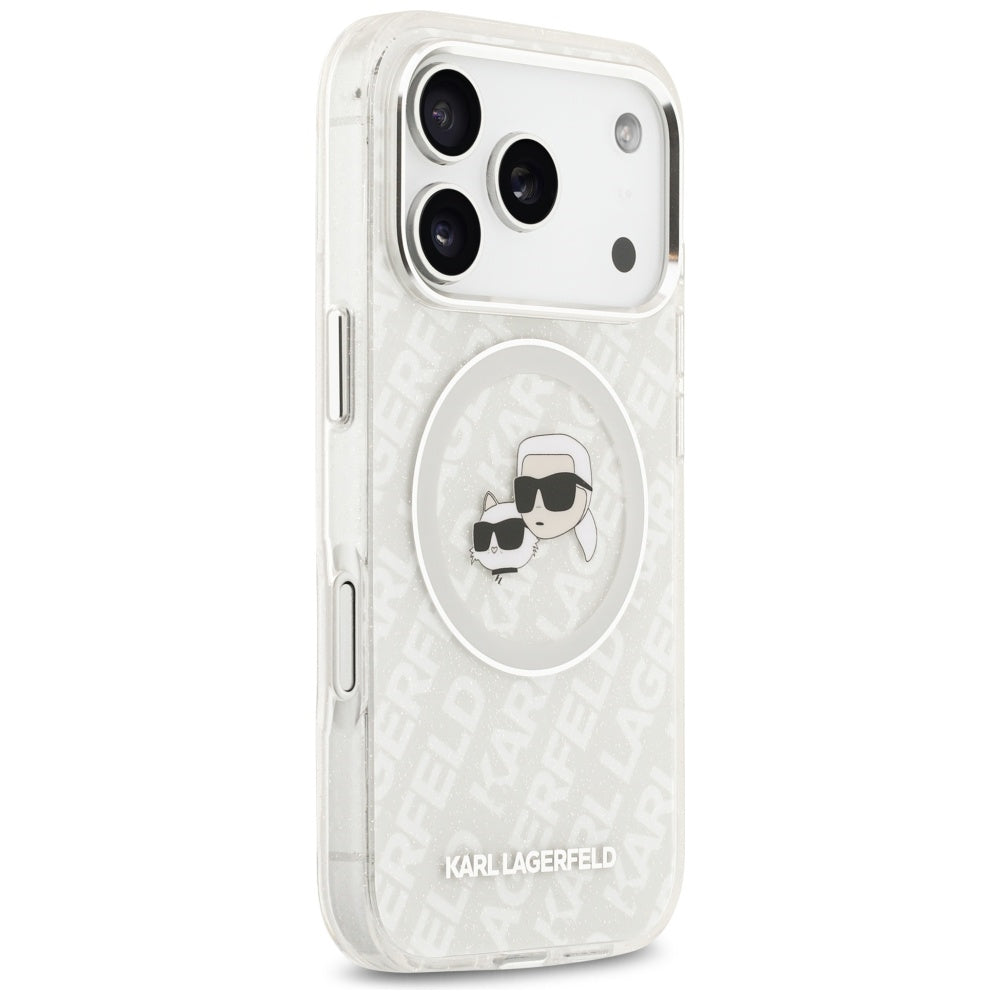 Custodia MagSafe per Apple iPhone 17 Pro, Karl Lagerfeld, Glitter Karl & Choupette Head, Bianca