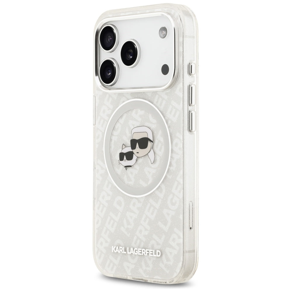 Custodia MagSafe per Apple iPhone 17 Pro, Karl Lagerfeld, Glitter Karl & Choupette Head, Bianca
