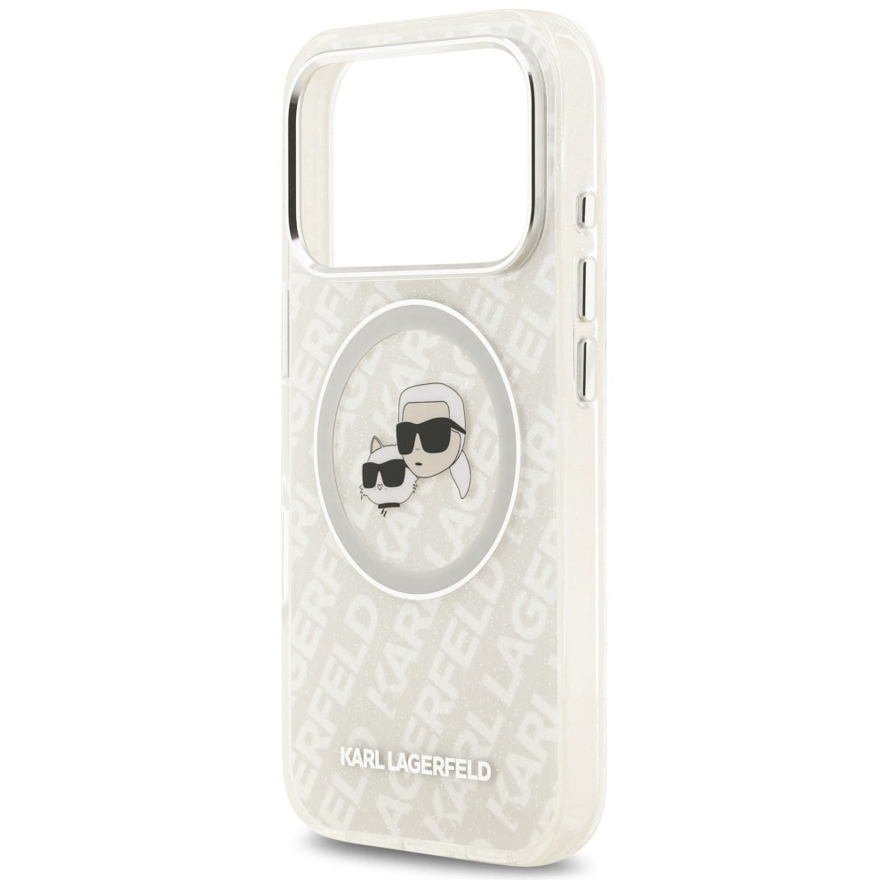 Custodia MagSafe per Apple iPhone 17 Pro, Karl Lagerfeld, Glitter Karl & Choupette Head, Bianca