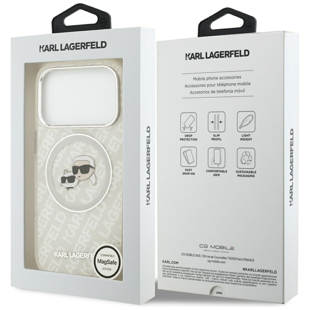 Custodia MagSafe per Apple iPhone 17 Pro, Karl Lagerfeld, Glitter Karl & Choupette Head, Bianca