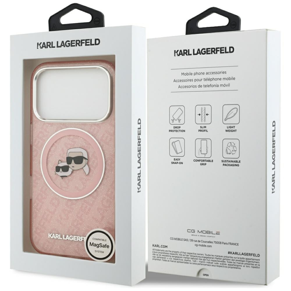 Custodia MagSafe per Apple iPhone 17 Pro, Karl Lagerfeld, IML Glitter Karl & Choupette's Heads, Rosa