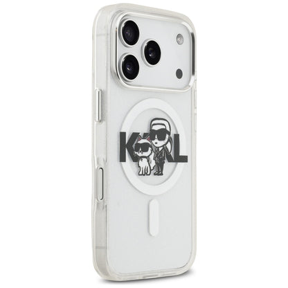 Custodia MagSafe per Apple iPhone 17 Pro, Karl Lagerfeld, IML Sketch Logo Glitter Karl & Choupette, Trasparente