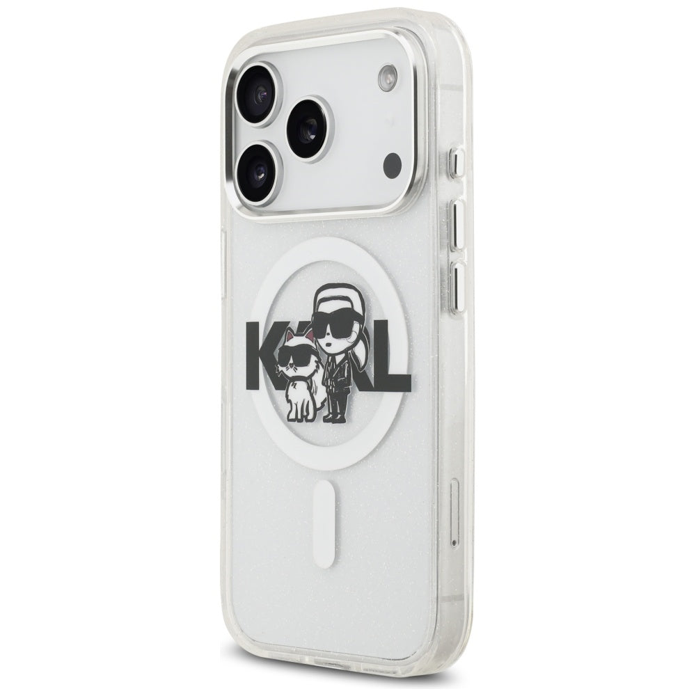 Custodia MagSafe per Apple iPhone 17 Pro, Karl Lagerfeld, IML Sketch Logo Glitter Karl & Choupette, Trasparente