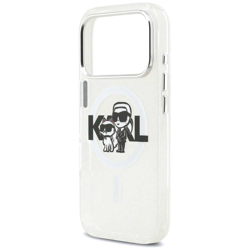 Custodia MagSafe per Apple iPhone 17 Pro, Karl Lagerfeld, IML Sketch Logo Glitter Karl & Choupette, Trasparente