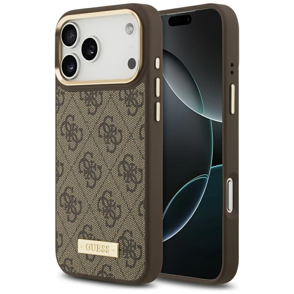 Custodia MagSafe per Apple iPhone 17 Pro Max, Guess, 4G Logo Plate, Marrone