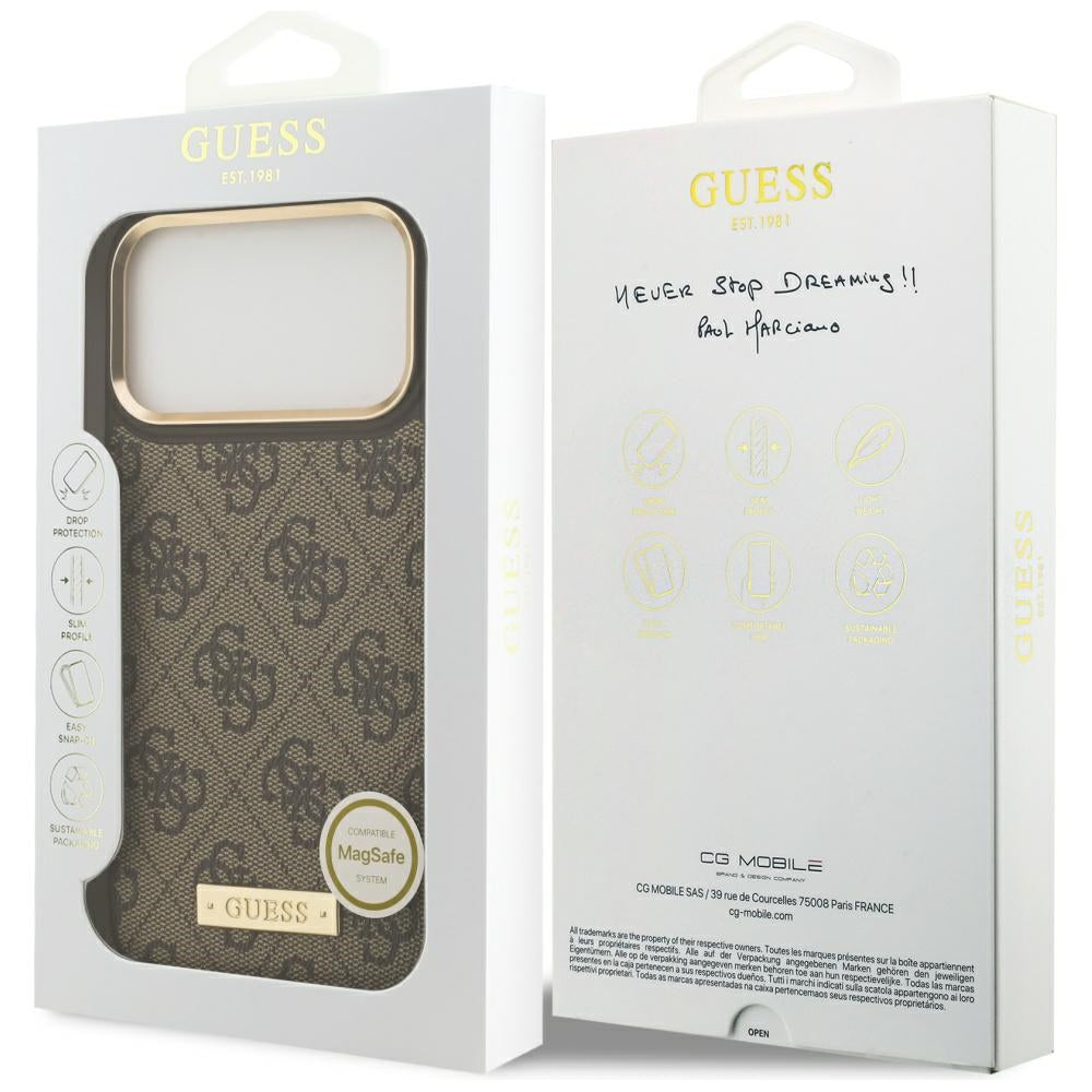 Custodia MagSafe per Apple iPhone 17 Pro Max, Guess, 4G Logo Plate, Marrone
