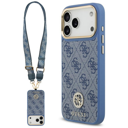 Custodia MagSafe per Apple iPhone 17 Pro Max, Guess, 4G Strass Logo con Grande Cinturino, Blu