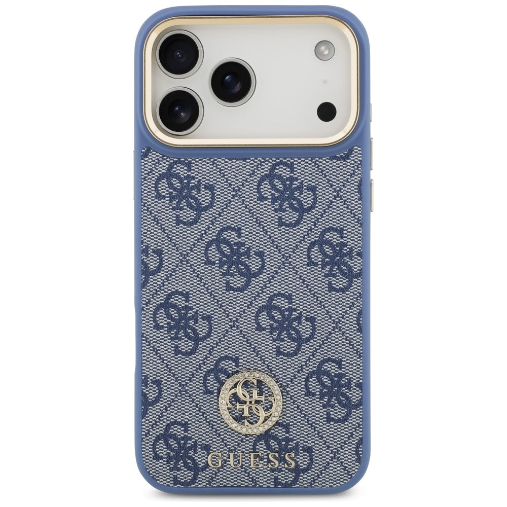 Custodia MagSafe per Apple iPhone 17 Pro Max, Guess, 4G Strass Logo con Grande Cinturino, Blu