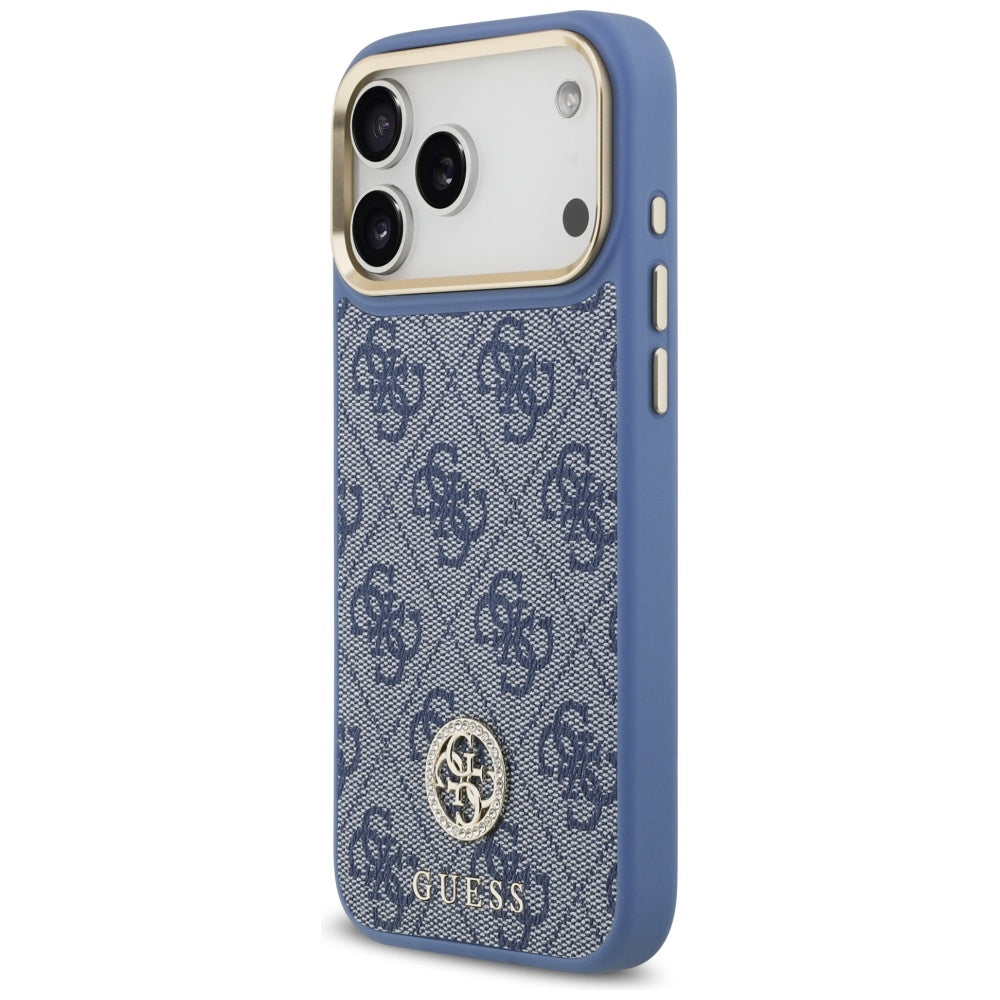 Custodia MagSafe per Apple iPhone 17 Pro Max, Guess, 4G Strass Logo con Grande Cinturino, Blu