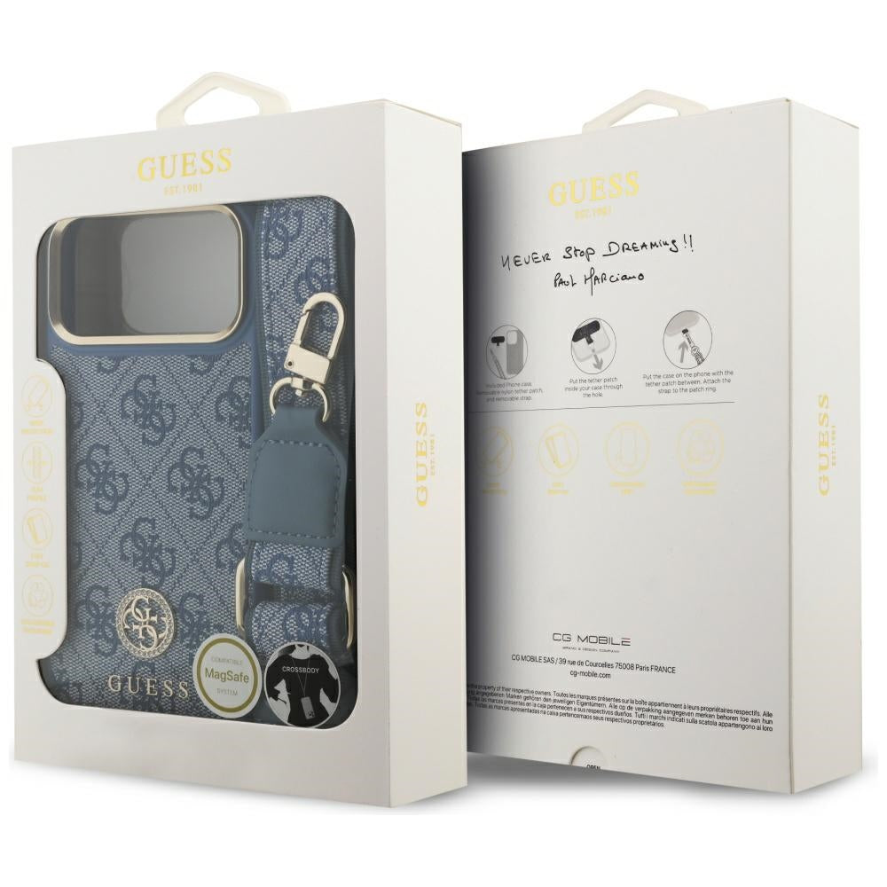 Custodia MagSafe per Apple iPhone 17 Pro Max, Guess, 4G Strass Logo con Grande Cinturino, Blu